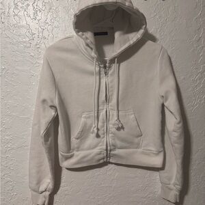 Brandy Melville White Crystal Cropped Zip Up John Galt Sweatshirt Hoodie OS